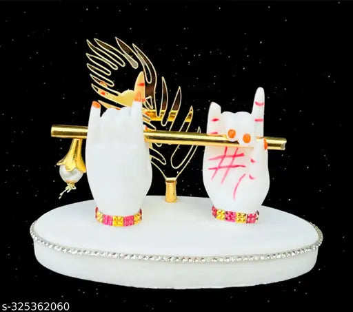New Marble Dust White Krishna Hand Statue With Golden Peacock Feather, Brass Flute for Car Dashboard, Gift, Showpiece, Living Room, Office, Home Decoration Idol (4 Inch, BEST QUALITY)