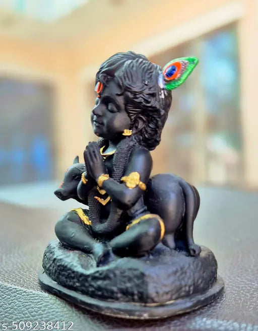 ShivShakti Store Marble Dust Baal Krishna with Cow Idol For Home Decor Car Dashboard Pooja Room Handmade Black Kanha ji Murti For Good Luck And Success