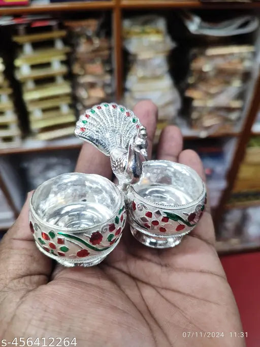 German silver Meenakari Peacock Haldi kumkum holder poja Room