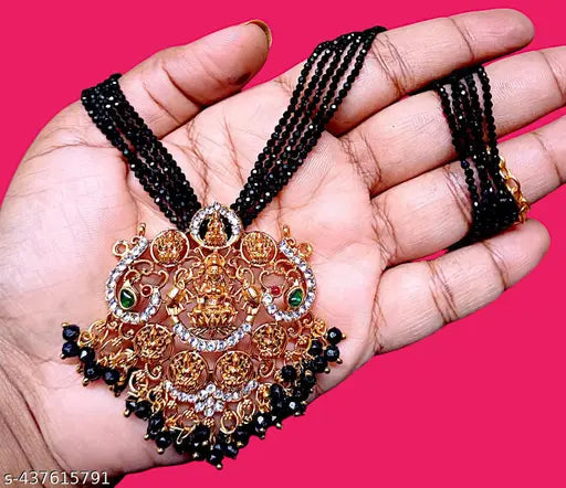 ONE GRAM GOLD PLATED MATT FINISH ASHTALAKSHMI LOCKET PENDANT WITH FIVE LINES BLACK BEADS CHAIN TEMPLE JEWELLERY BIG SIZE LOCKET NECKLACE