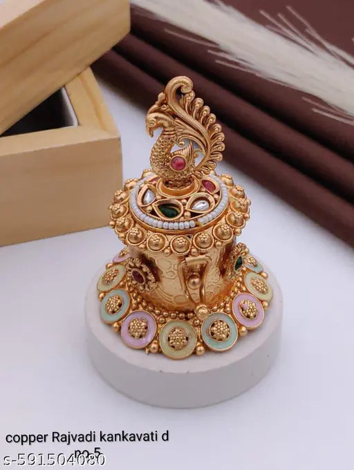 Golden Rajwadi Kankavati MOR Attracttive  Design Copper Kumkum Holder/Kumkum  for Gifting,Pooja, Thali, Mandir, Home, Temple, Gifting Golden Kumkum  Pack of 1