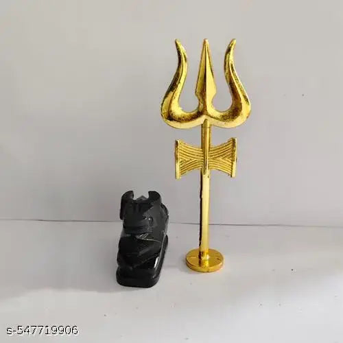 A&S VENTURES Marble Black Nandi with Metal Damru Trishul Idol for Home Temple | Brass Finish Shiv Murti Set for Puja and Décor