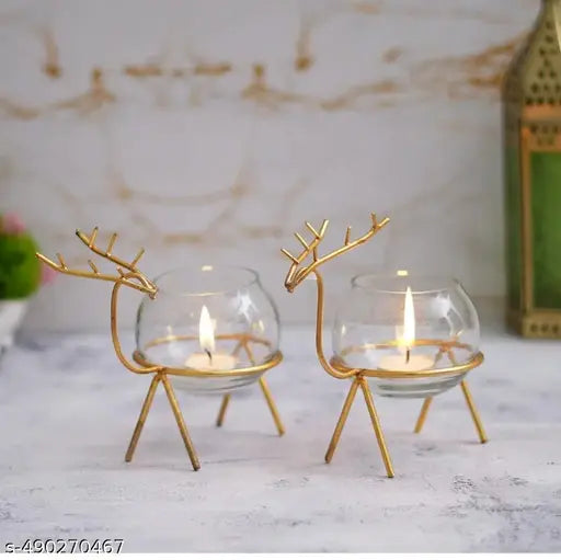 CLICKNECT INDIA Iron Deer tealight Candle Holder for Home and office Decor |Set of 2(Colour-Gold)