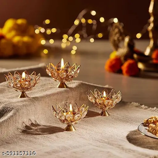 set of 1 Brass Crystal Diamonddiya for Diwali Decoration | Akhand Diya Oil Lamp | Crystal Pooja Deepak for Home Mandir & Festive Decor