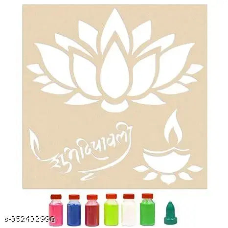 3 in 1 Rangoli Stencil - Shubh Dipawali, Diya and Lotuskamal Stencils for Rangoli Large Size for Floor Size- 30 cm x 30 cm Wood, Brown