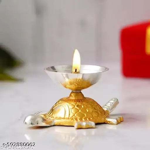 Collections Tortoise Akhand Brass Diya Oil Lamp, Brass Diya with Metal Turtle Base, (4.5 Inches Length, Multicolor) PACK OF 1