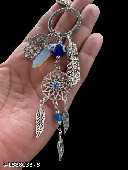 Annie New Trending Blue Evil Eye Lucky Hamsa Leaf with Dream catcher Car Hanging Key Chain Key Ring