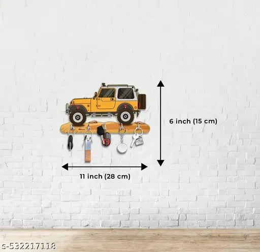 Yellow Thar Printed Key Holder For Home And Office Decor Wood Key Holder  (5 Hooks, Multicolor)  JD KH-CAR