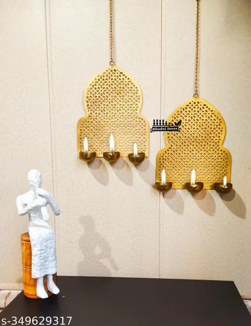 blissful decor Presents 3 Tealight Candle Holder for Home Decor Wall T-Light Holder high Gloss Golden jharokha Design Candle Holder Wall Hanging (Iron) Pack of -2