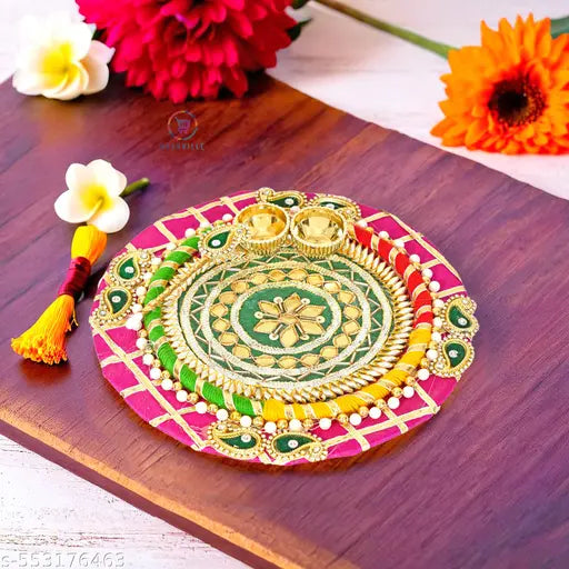Designer Pooja Thali Set with Kalash, Roli Chawal Holder & Decorative Stick – Traditional Puja Accessory for Festivals & Rituals (MDF)