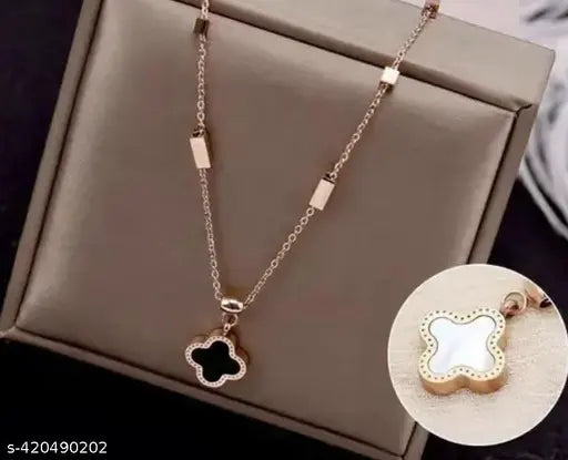 Trendy Women's Jewelry Collection: Four-Leaf  Black and White Clover Necklace, Roman Numerals , Double-Layer Titanium Steel Accessories A-04