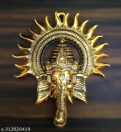 Lord Ganesh with Surya Kiran wall hanging statue for home & office, used for Vastu & decoration | For prosperity, power & good luck in life | Handcrafted Golden Color White Metal Idol |