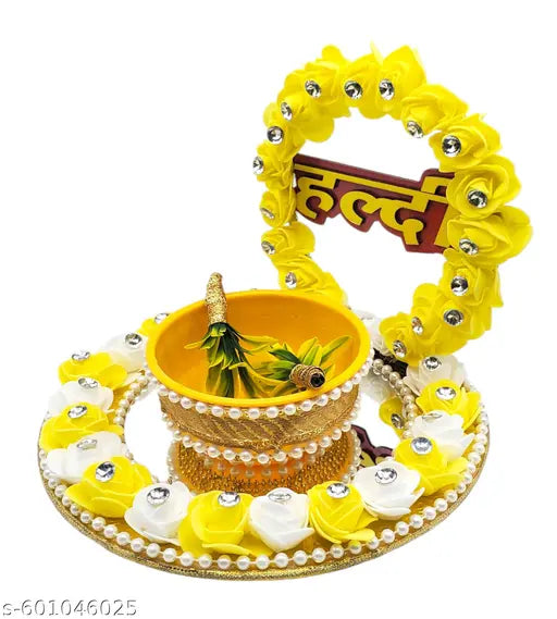 Haldi Ceremony Decorative Platter | Wedding Haldi Plate with Artificial Flowers & Bowl | Decorative Tray