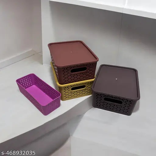 Multipurpose Solitaire Storage Basket with Lid|Side Handles & Wovan Design|Size 25 x 20 x 11 CM|Pack of 4 (Multi)