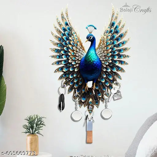Peacock Wall Hook Organizer with Key Holders – Elegant Home Decor by Balaji Crafts
