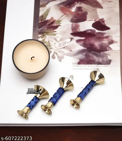 SHREE HARI HOME DÉCOR Brass Candle Holder Brass and Acrylic Candleholder for Church Home Decorating Candle-Stick Holder Stand Gift Diwali (6 Inches) Set of -3 Royal Blue