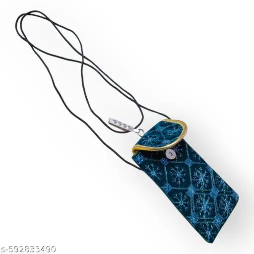 SUMERA WARQ Velvet Mobile Phone Pouch, Snowflake Embroidered Pattern, Multicolor with Gold Trim, Sling and Clip