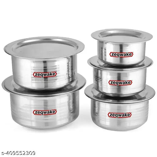 Stainless Steel Patila Bhagona Tope Set With Lid Handi Milk Storage Tapeli Tapela Serving Set Cookware - Pot 20 cm, 18 cm, 16 cm, 14 cm, 12 cm diameter 2000 ML, 1500 ML, 1000ML, 750 ML & 500 ML capacity with Lid (Stainless Steel)