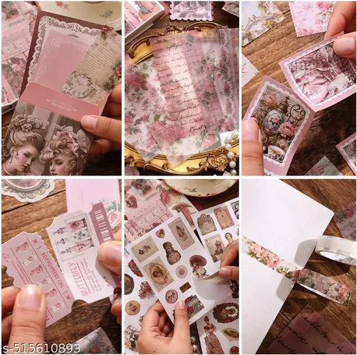 346PCS Vintage Scrapbook Kit Aesthetic Junk Journal Set with Stickers, Washi Tape & A6 Notebook with Decorative Paper Stationery (Retro Queen Pink)