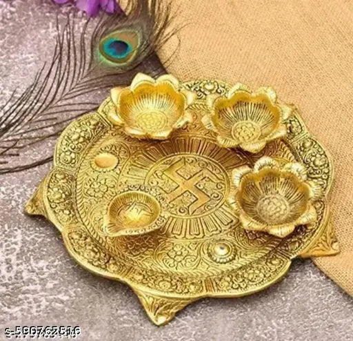 Pooja Thali with 4 Diyas Swastik Engraved Designer | Aarti Plate for Puja & Festivals