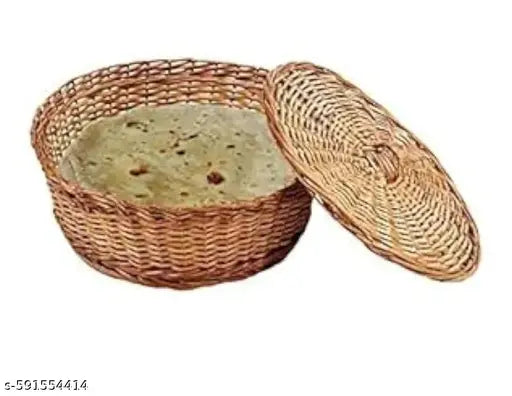 "Natural Wicker Roti Basket 10 Inch with Lid - Traditional Indian Chapati Warmer, Handwoven Bread Serving Bowl, Eco-friendly Kitchenware"