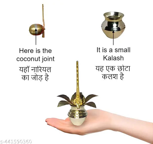 Traditional Brass Mangal Kalash, Mango Leaves, Coconut 3 Pcs Combo | Pittal Lota, Aam Patta, Nariyal for All Puja, Pooja Article, Temple - 15 cm