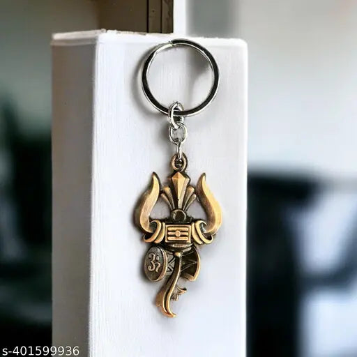 Rockshok Metal Key Chain for Various Uses - Trishool & Damroo Shape Oxidised Golden Color