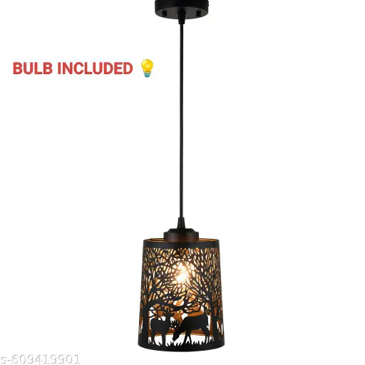 Decorative Hanging Pendant Light for Dining Room, Handcrafted Metal Lamp Shade with Forest & Deer Cutwork Design, Warm Ambient Lighting for Living Room, Balcony & Cafe Decor