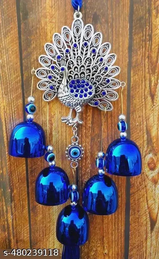 HH Decorative Wall Hanging Peacock with Blue Tassels and Bells - Evil Eye Protection, Metal Craft Home Decor for Positive Energy and Aesthetic Vibes, 12-Inch Handmade Ornament for Gifting, Wind Chime