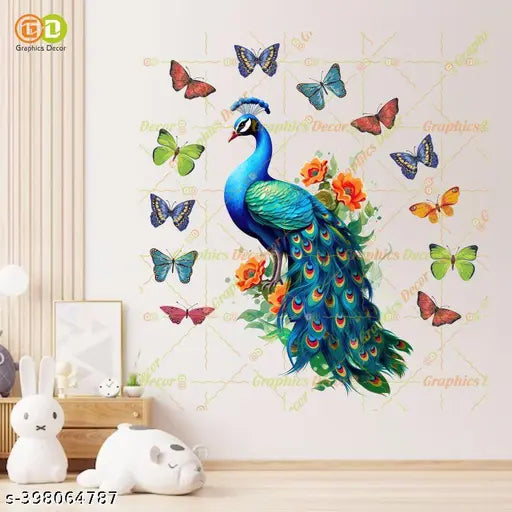 GRAPHICS DECOR | Green 3D Peacock with Butterflies Wall Stickers (61x66 cm)