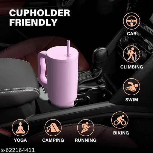 1200ML Stainless Steel Tumbler with Handle & Lid, Straws – Large Travel Mug Water Cup for Gym, Office & Outdoor Use (Purple)