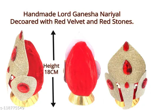 Artonezt Multipurpose Use Lord Ganesha Decorated with Red Stones Wedding Coconut Shagun Nariyal with Stand Rituals, Pooja, Gift & Festive Celebration