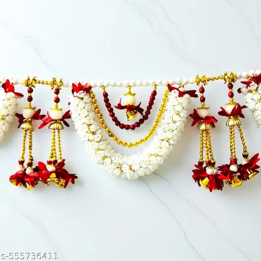 Artificial Jasmine & Red Flower Toran Bandarwal | Decorative Door Hanging with Beads & Bells