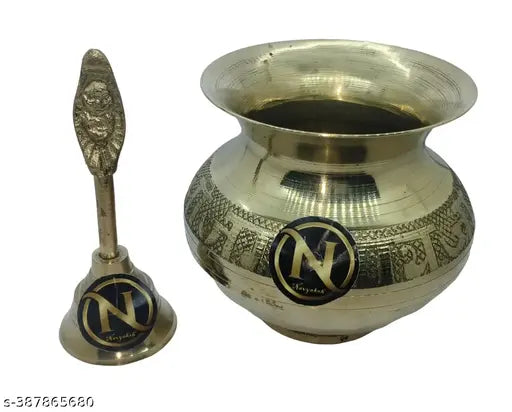 Combo of Round Head Pooja Puja Bell Ghanti with Kalash Lota Brass Kalash (Gold)