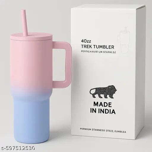 Insulated Travel Mug with Handle and Straw Stainless Steel Large Capacity Coffee & Cold Drink Cup, Leak-Resistant Lid for Office, Home, Gym & Travel Use (40 oz, Pink & Blue )