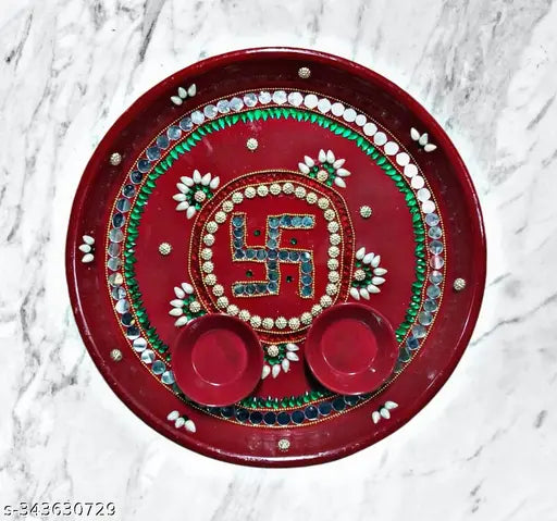 Handcrafted Decorative Pooja Thali Set | Puja Thali for Aarti   (Red -10.5 Inch)