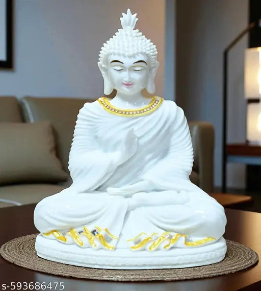 Sigaram 10 Inch White Marble Buddha Idol with Stone Neek For Home Decoretive Showpiece K4771