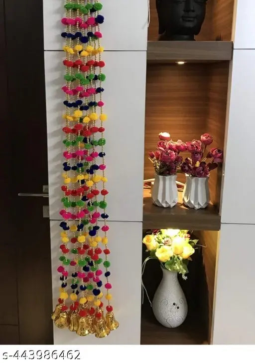 10 Pcs Handmade Wall Door Red Yellow Green Hanging Pom Pom Torans Garland Bandhwar with Golden Bells Decoration Item, Home Decoration, Diwali Decoration, temple Room. ( Size Approx 3.5 Fitt )