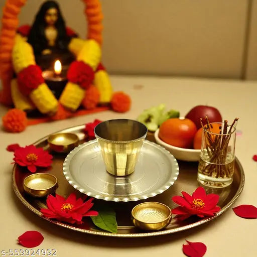 Pure Brass Puja Thali Set – 1 Thali & 1 Glass Combo | Compact Combo for Daily Use for Home, Temple, Shop& Office Etc.