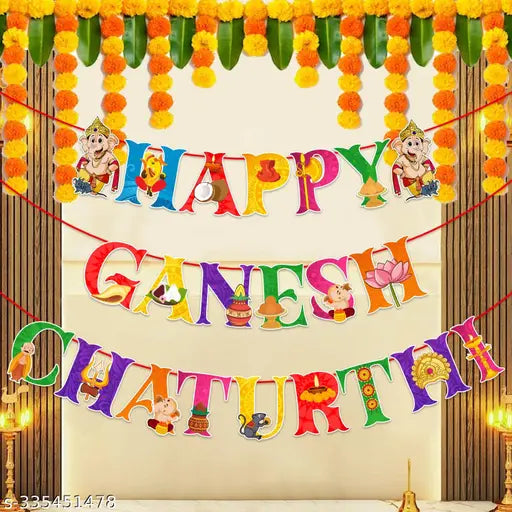 Zyozi Ganapati Theme Banner/Ganapati Puja Banner/Decorative Items for Ganapati Puja/Banner For Ganapati Puja (Pack Of 1 Set)