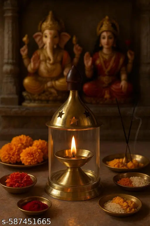 Traditional Brass Diya Lantern with Incense Holder and Hindu God Statues - Spiritual Puja Ritual Set