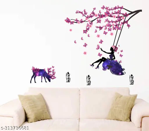 Wall Stickers Angel on Swing with Little Deer and Butterfly Wall Stickers Self Adhesive Sticker (Pack of 1)
