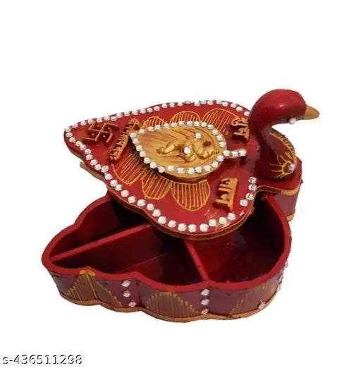 Set of Two Handmade Tika  Chopra kumkum box sindoor dani for mandir pooja. Kalash and Peacock design. Sindhoor Chawal-Akshat-Haldi Wooden Chopda for Gift and Pooja Decorative Purpose Item (Red) pooja samagri