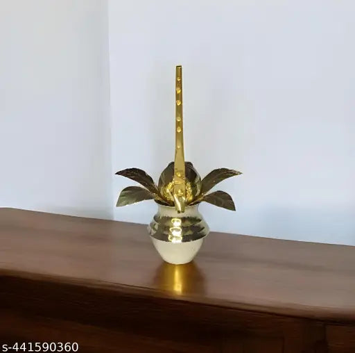 Traditional Brass Mangal Kalash, Mango Leaves, Coconut 3 Pcs Combo | Pittal Lota, Aam Patta, Nariyal for All Puja, Pooja Article, Temple - 15 cm