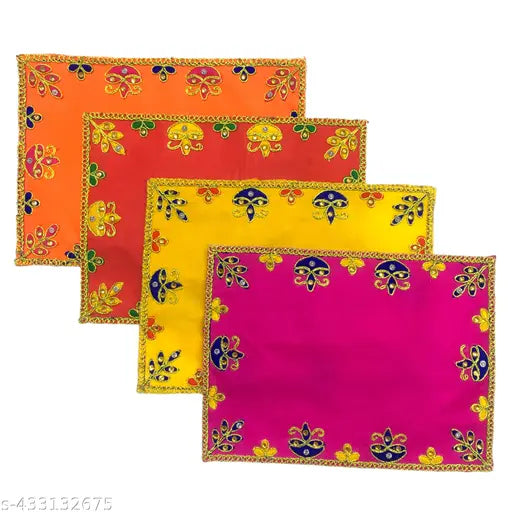 HEMDEV 8 Inch * 6 Inch Embroidery Thread Multicolor Puja Aashan For Laddu Gopal And Ganapati Altar Cloth  (Pack of 4)