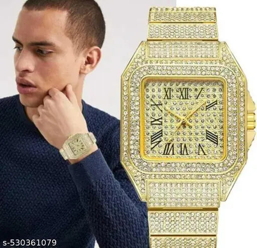 Bold & Brilliant Men’s Luxury Watch – Gold Finish with Complete Stone Embellishment