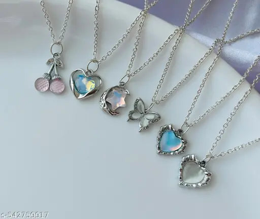 Pack Of 6 Classy Aesthetic Silver AD Charm Pendant Necklace Set For Women And Girls . | Accessories | Gift | Korean | Minimal | Neckpiece | Aesthetic Jewellery | Trendy Pinteresty Necklaces | Necklace Combo