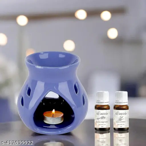 CHEECO Oil Burner Candle Diffuser for Home Fragrance, with 1 T-Light & 2 10 ml Aroma Oil-Fragrance Lemon Grass & Lavender (Purple Diffuser Pot)
