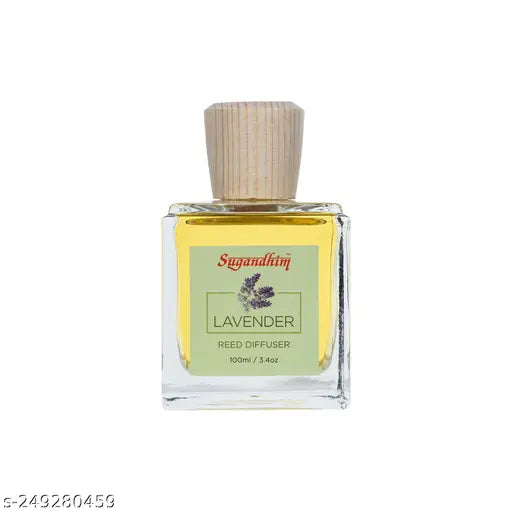 Sugandhim Reed Diffuser Lavender, 1 x 100ml & 5 Reed Stick, Non Alcoholic, Living Room, Washroom, Bedroom, Study Table, Office, Gifting Set, Easy To Use, Chemical Free, Mood Lifter, Pleasant Fragrance, Blue Gold, Musky, Aroma, Maintenance Free, Risk Free,