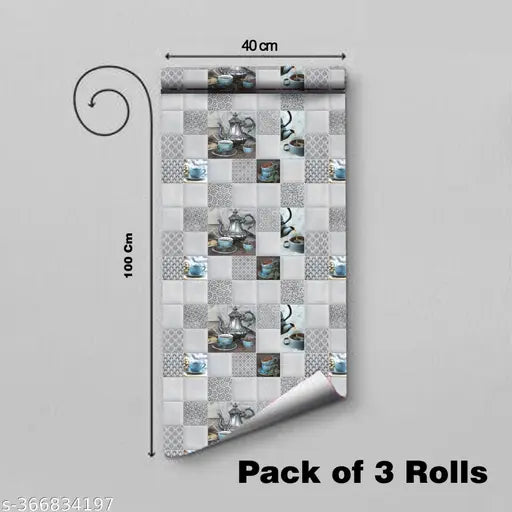 Buy 1 Get 3 Kitchen Wallpaper Pack Of 3 Wallpaper For Kitchen Wall | Cup Plate Wallpaper | Wall Sticker For Kitchen | WaterProof Oil Proof Wallpaper (40x100)Cm Grey Kitchen Wallpaper